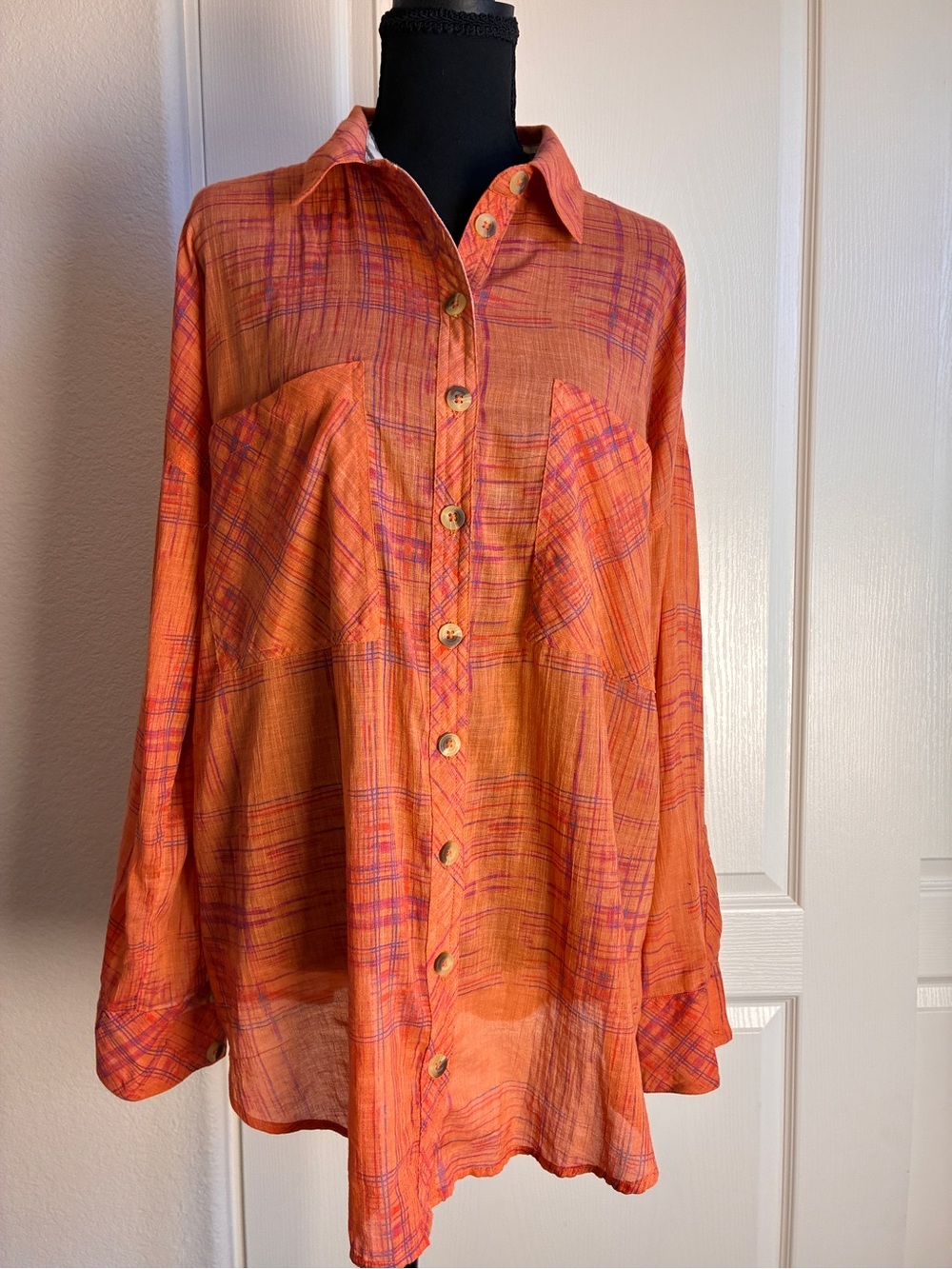 Free People Lightweight Orange Plaid Button-Up Shirt